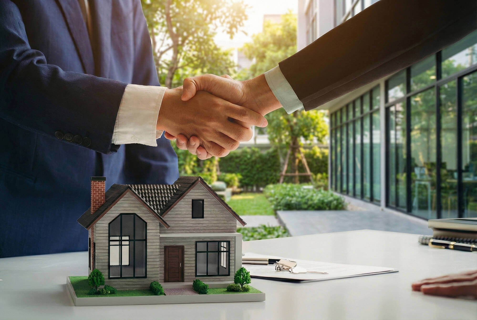 Two people shaking hands over a desk with a small house model